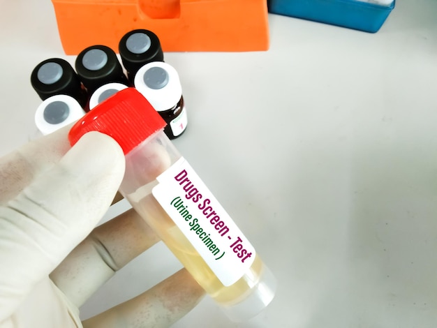 Campione di test per lo screening dei farmaci nelle urine, noto anche come test indolore per lo screening dei farmaci nelle urine presso il laboratorio medico.