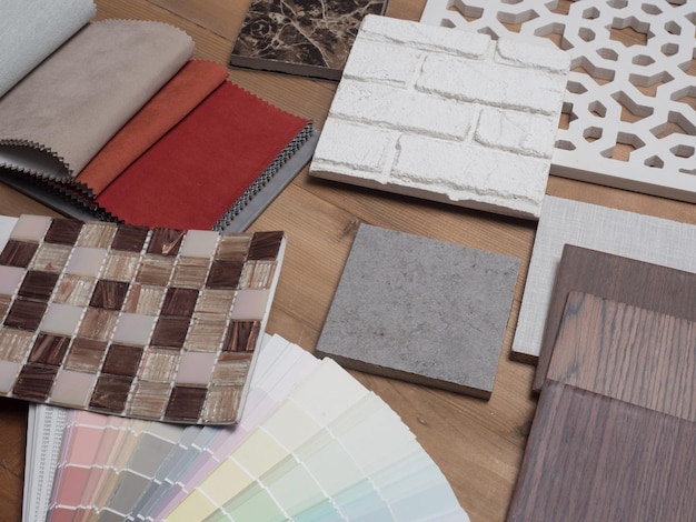 Campioni di materiale legno su tavolo di cementoInterior design selezionare il materiale per l'idea Idea di decorazione concetto vintage materialxDxA