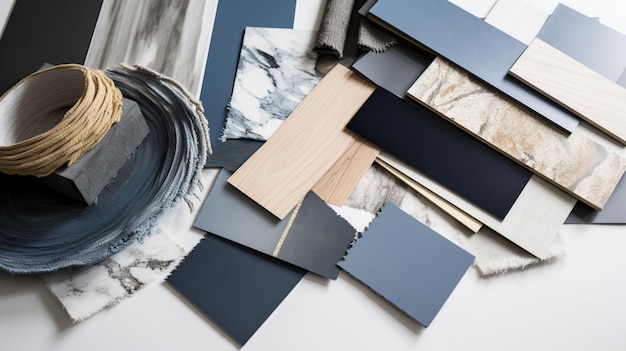 Campioni di materiale Mood board in legno caldo blu grigio bianco oro nero