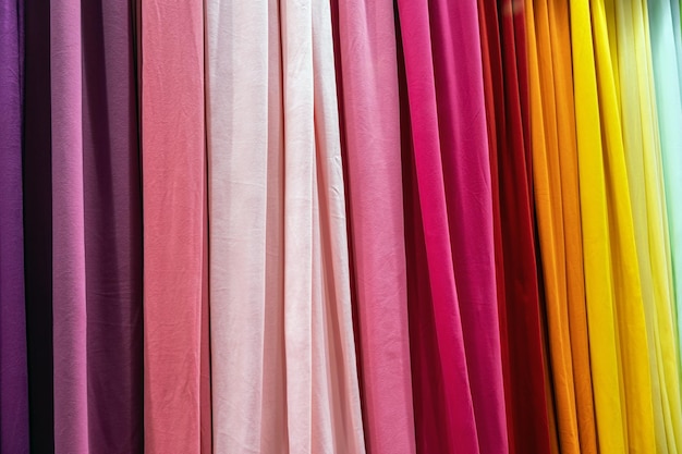 Campioni di stoffa e tessuti in diversi colori trovati in un mercato di tessuti