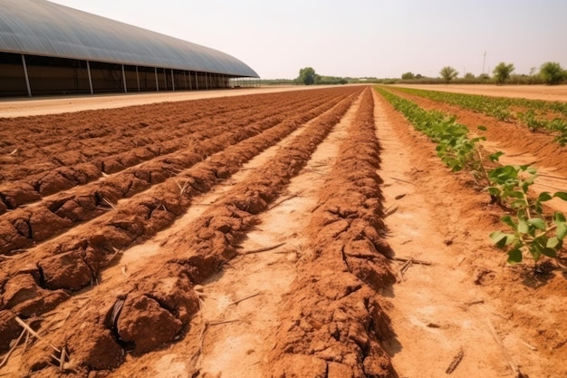 Campo agricolo essiccato con terreno incrinato serra vuota e heatflation di piante senza vita