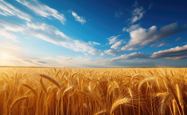 Campo agricolo giallo con grano maturo contro il cielo blu spighe di grano alzato