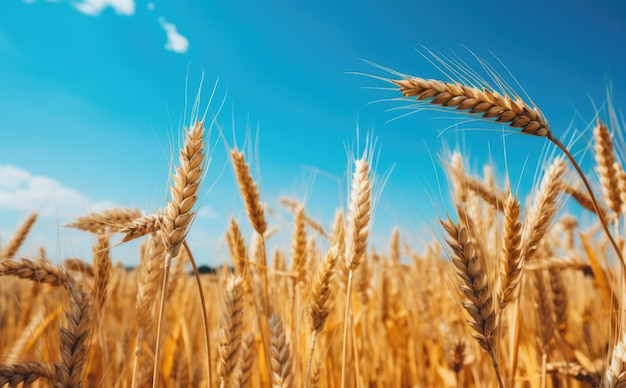 Campo agricolo giallo con grano maturo contro il cielo blu spighe di grano alzato