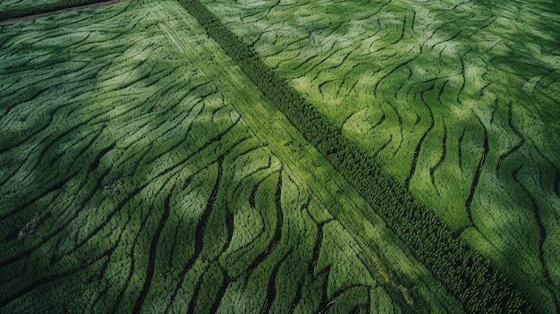 Campo AI generativo di erba verde con fotografia di droni con vista aerea spruzzata d'acqua