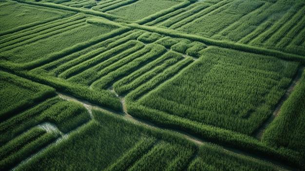 Campo AI generativo di erba verde con fotografia di droni con vista aerea spruzzata d'acqua