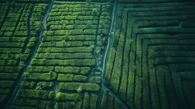 Campo AI generativo di erba verde con fotografia di droni con vista aerea spruzzata d'acqua