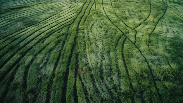 Campo AI generativo di erba verde con fotografia di droni con vista aerea spruzzata d'acqua