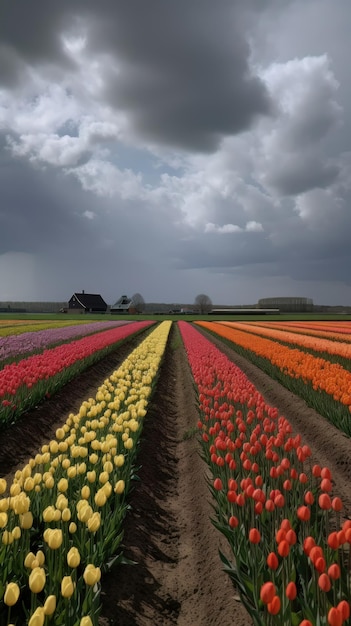 Campo aperto colorato con bellissimi tulipani IA generativa