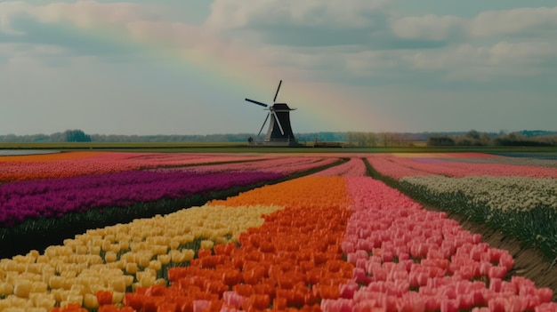 Campo aperto colorato con bellissimi tulipani IA generativa