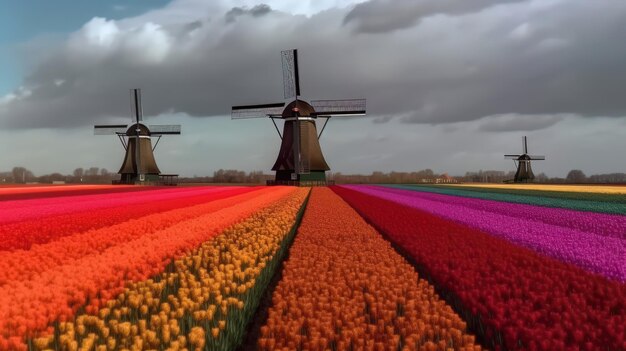 Campo aperto colorato con bellissimi tulipani IA generativa