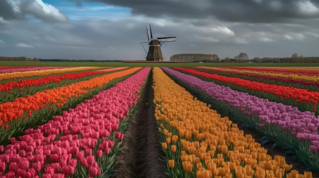 Campo aperto colorato con bellissimi tulipani IA generativa