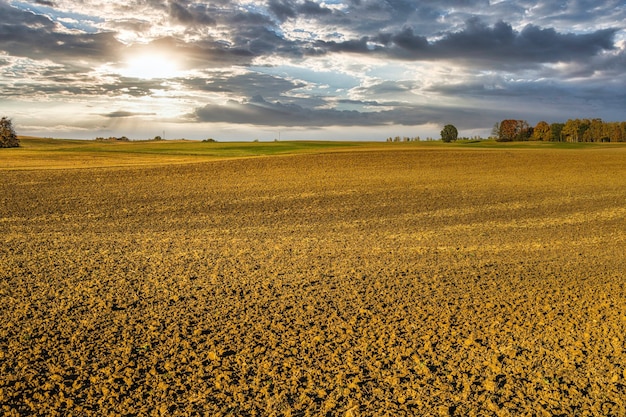 Campo arato con cielo drammatico sullo sfondo