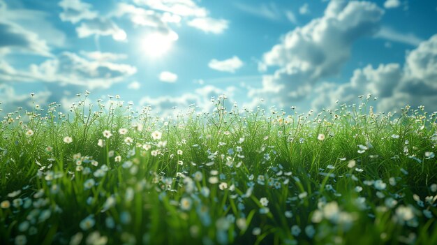 Campo con erba e margherite sotto un cielo blu