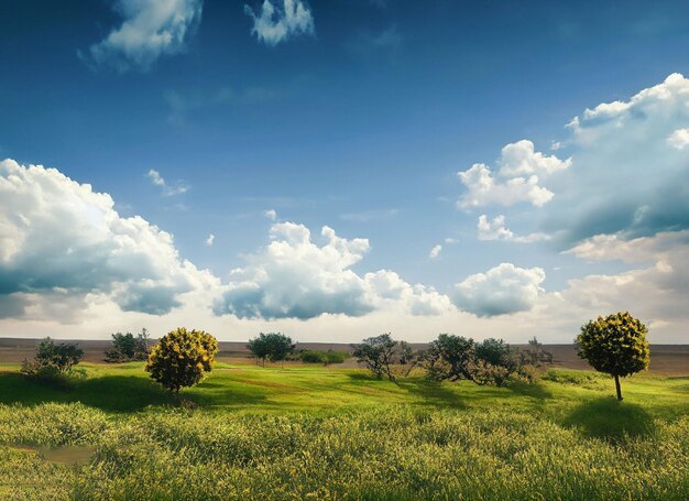 Campo con erba e piccoli alberi e nuvole