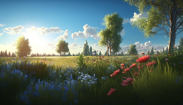 Campo con fiori, alberi, cielo blu e un sole radioso