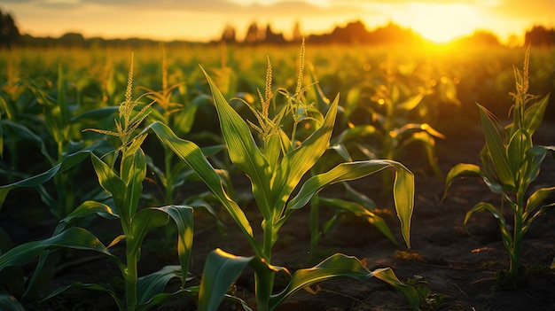 Campo con mais verde al tramonto del giorno estivo Campo di mais rurale o piantagione di mais