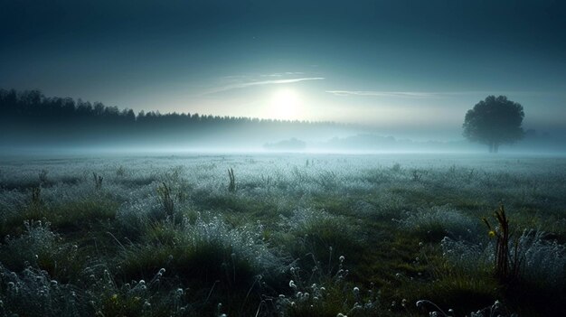 Campo con nebbia con sfondo al chiaro di luna Campo verde sullo sfondo della notte AI Generativo