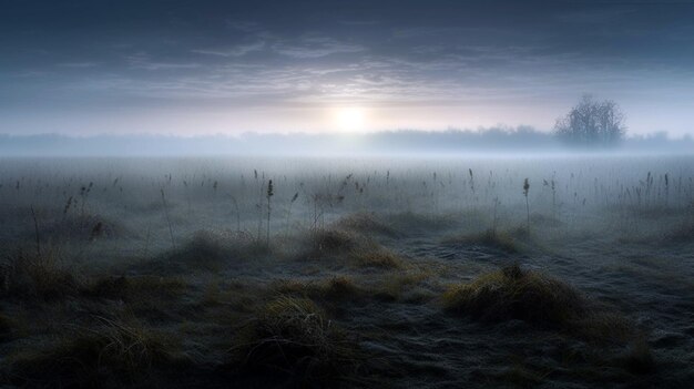 Campo con nebbia con sfondo al chiaro di luna Campo verde sullo sfondo della notte AI Generativo