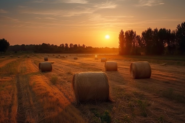 Campo con rotoli di fieno al tramonto IA generativa