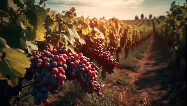 Campo d'uva in crescita per il vino rosso uve closeupvineyard colline paesaggio estivo con filari di vigneto