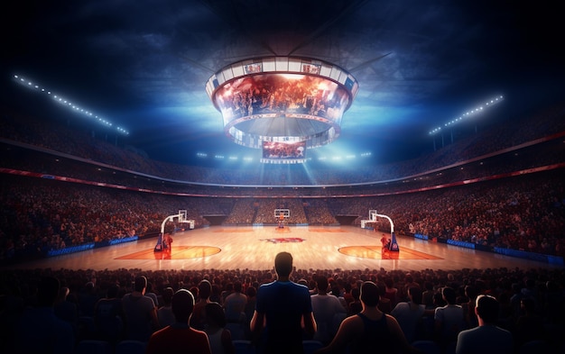 Campo da basket con fan Persone Arena sportiva Sfondo di rendering 3d fotoreale