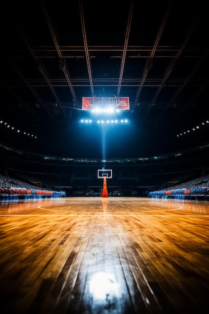 Campo da basket con un singolo proiettore che illumina il cesto