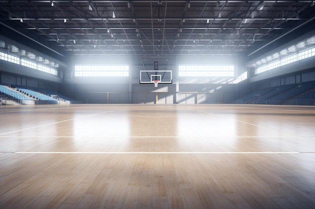 Campo da basket vuoto con luci e riflettori 3D Rendering