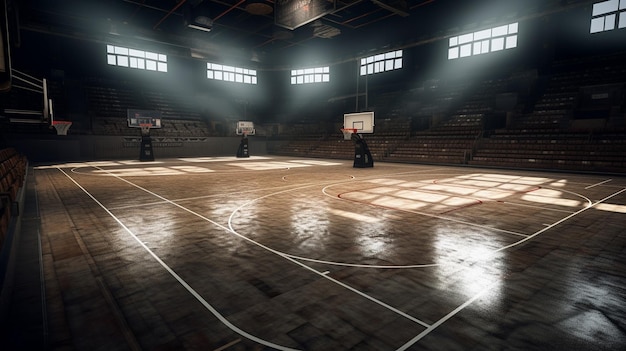 campo da basket vuoto con pavimento in legno e illuminazione generativa ai