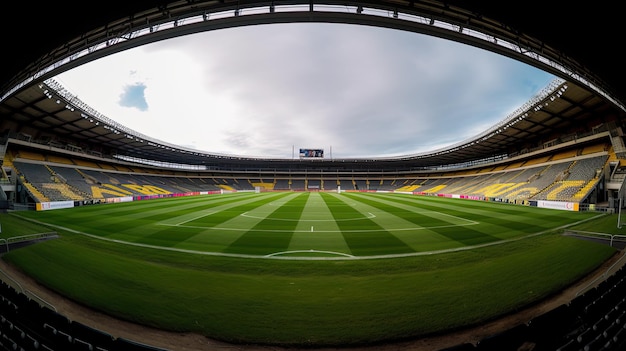 Campo da calcio con cerchio centrale e spot fotografia ad angolo largo che cattura il campo da calcio