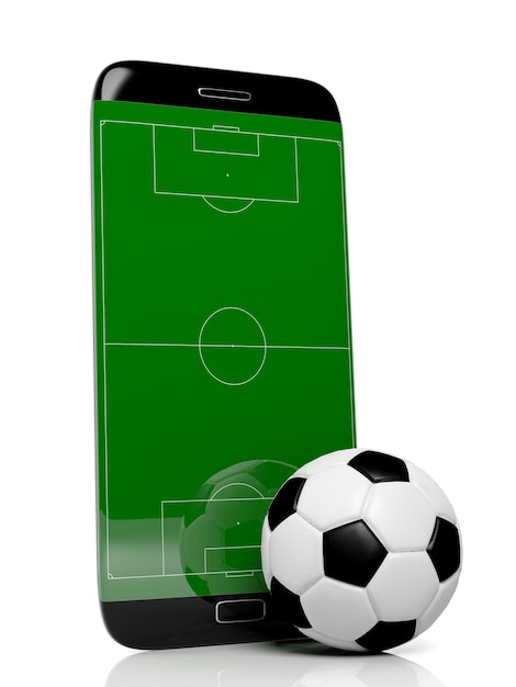 Campo da calcio con palla sul display del bordo dello smartphone isolato su bianco