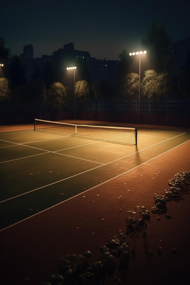 Campo da tennis con rete di edifici notturni sullo sfondo creati utilizzando la tecnologia generativa ai