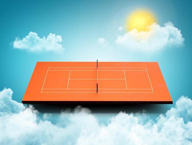 Campo da tennis su sfondo blu cielo con nuvole e sole 3d'illustrazione