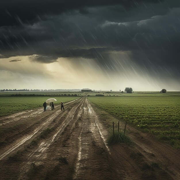 campo degli agricoltori sotto il cielo piovoso