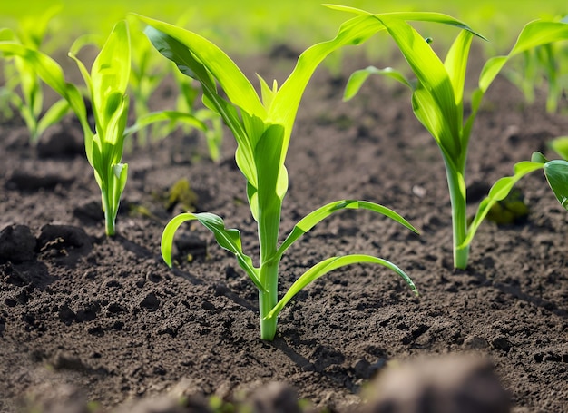 Campo del concetto agricolo piante di mais piantine di mais alla luce del sole e agro