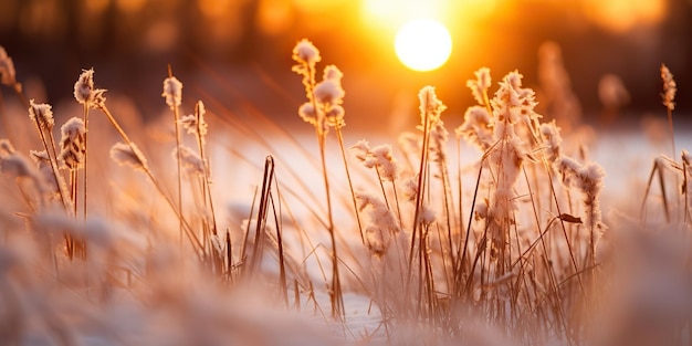 Campo di alta erba in mezzo a una dolce nevicata Scena del Paese delle Meraviglie invernali