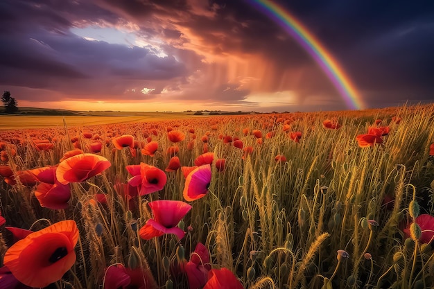 Campo di arcobaleno e papavero rosso dopo la pioggia