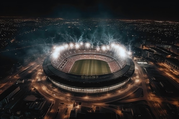 Campo di calcio allo stadio di notte con proiettori e fuochi d'artificio vista dal drone AI generativa