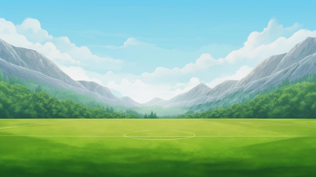 Campo di calcio con erba verde e montagne sullo sfondo Illustrazione dell'IA generativa