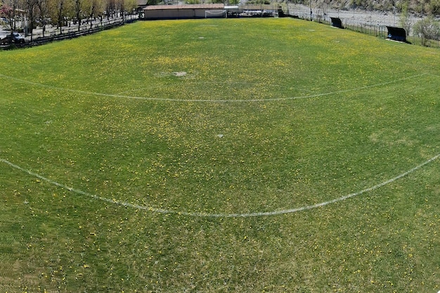 campo di calcio di campagna con fiori in giornata di sole