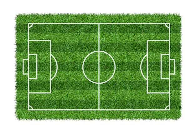 Campo di calcio o campo di calcio sulla struttura del modello dell&#39;erba verde isolata su fondo bianco.