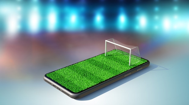 Campo di calcio sullo schermo di uno smartphone. concetto online di calcio, rendering 3d