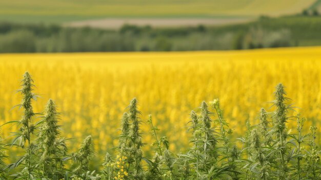 Campo di canapa in primo piano seguito da un campo di colza