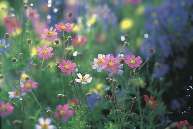 Campo di colorati fiori cosmici in fiore in primavera al mattino creato con la tecnologia Generative AI