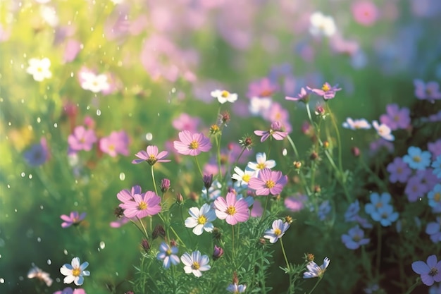 Campo di coloratissimi fiori cosmo in fiore in primavera al mattino Creato con la tecnologia generativa AI