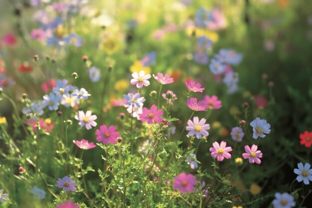 Campo di coloratissimi fiori cosmo in fiore in primavera al mattino Creato con la tecnologia generativa AI