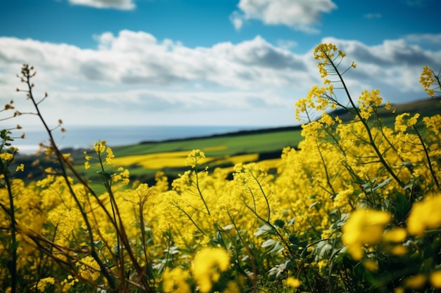 campo di colza in fiore e cielo blu con nuvole sullo sfondo naturale