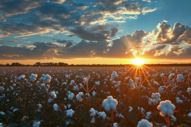 Campo di cotone Bagliore del tramonto Cielo drammatico su una piantagione di cotone al tramonto