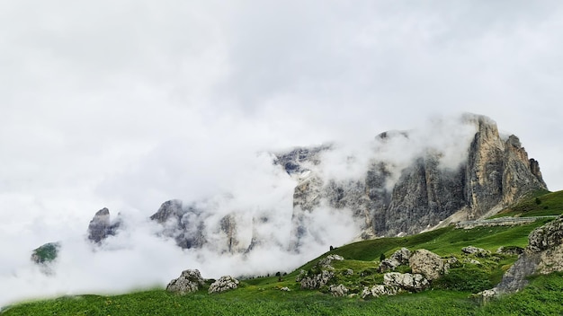 Campo di erba verde con nuvole e montagne sullo sfondo