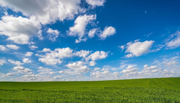 Campo di erba verde sotto il cielo blu e nuvole bianche ai generato