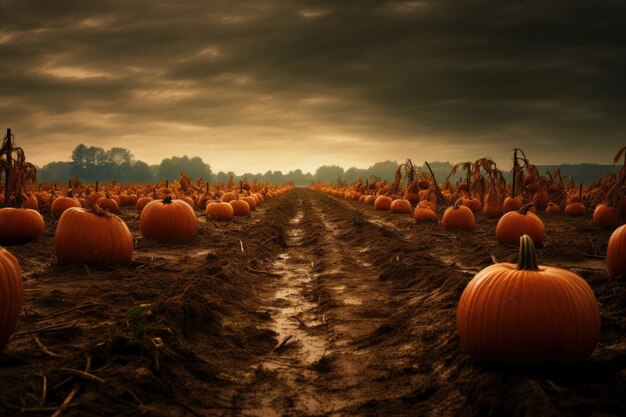 Campo di fattoria di zucca biologico non OGM in un autunno piovoso lunatico tempo freddo